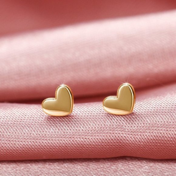 New 14k Yellow Gold/925 Silver Small Heart Studs - Picture 3 of 4